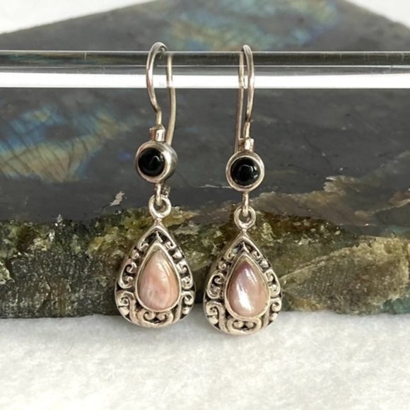 Sally C. Treasures Jewelry - Sterling Silver 925 Scrollwork Pink Mother Of Pearl Black Onyx Dangle Earrings